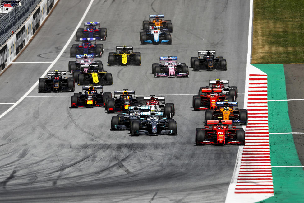 Charles Leclerc (Ferrari), Valtteri Bottas (Mercedes), Lewis Hamilton (Mercedes), Lando Norris (McLaren), Kimi Räikkönen (Alfa Romeo), Sebastian Vettel (Ferrari) und Max Verstappen (Red Bull) 