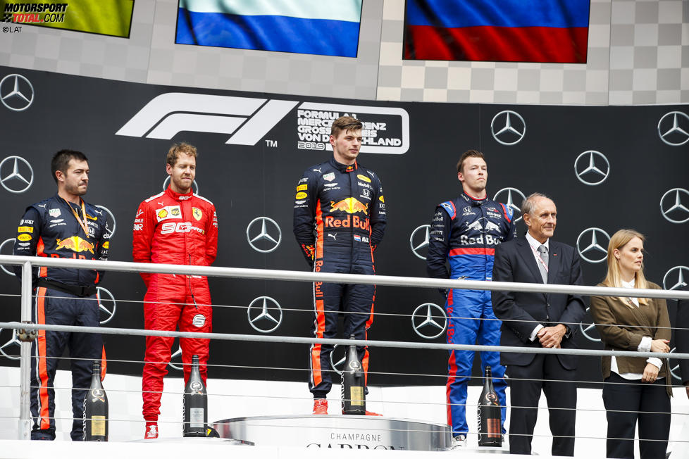 Sebastian Vettel (Ferrari), Max Verstappen (Red Bull) und Daniil Kwjat (Toro Rosso) 