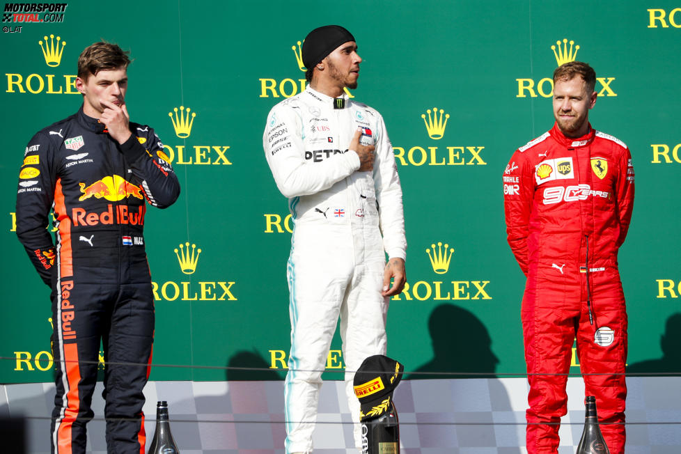 Max Verstappen (Red Bull), Lewis Hamilton (Mercedes) und Sebastian Vettel (Ferrari) 