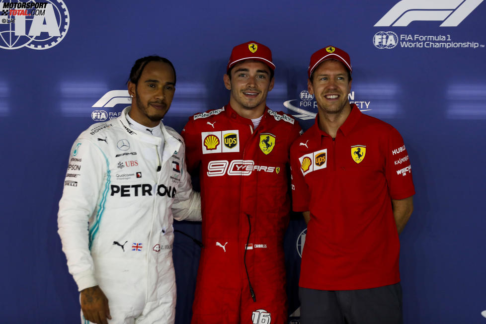 Lewis Hamilton (Mercedes), Charles Leclerc (Ferrari) und Sebastian Vettel (Ferrari) 