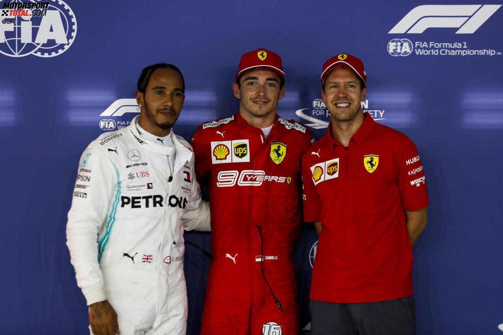 Lewis Hamilton (Mercedes), Charles Leclerc (Ferrari) und Sebastian Vettel (Ferrari) 