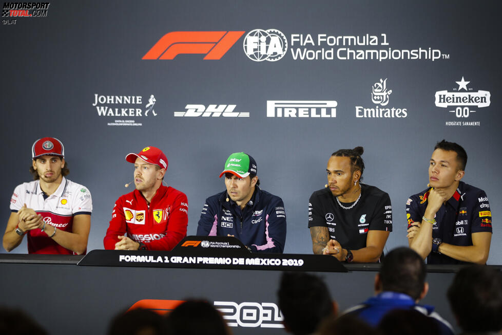 Antonio Giovinazzi (Alfa Romeo), Sebastian Vettel (Ferrari), Sergio Perez (Racing Point), Lewis Hamilton (Mercedes) und Alexander Albon (Red Bull) 