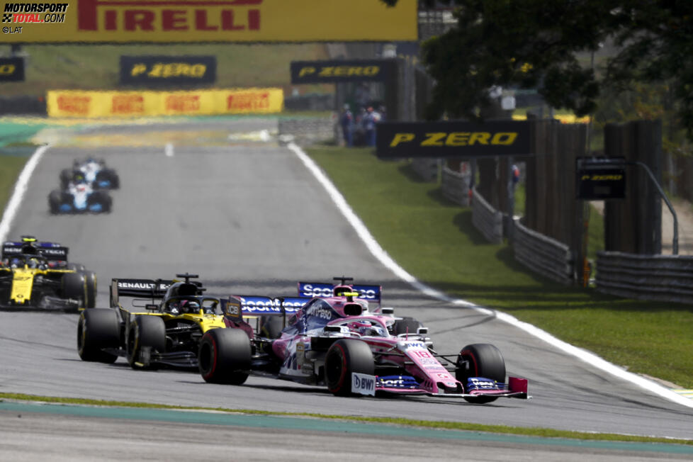 Lance Stroll (Racing Point), Daniel Ricciardo (Renault) und Sergio Perez (Racing Point) 
