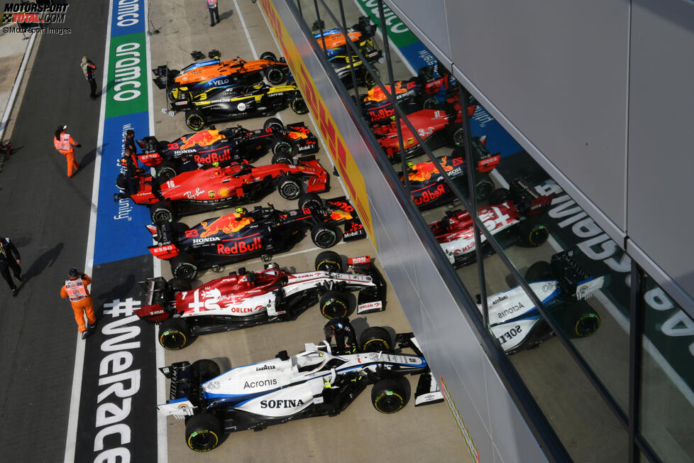 George Russell (Williams), Kimi Räikkönen (Alfa Romeo), Alexander Albon (Red Bull), Charles Leclerc (Ferrari), Max Verstappen (Red Bull), Daniel Ricciardo (Renault) und Lando Norris (McLaren) 