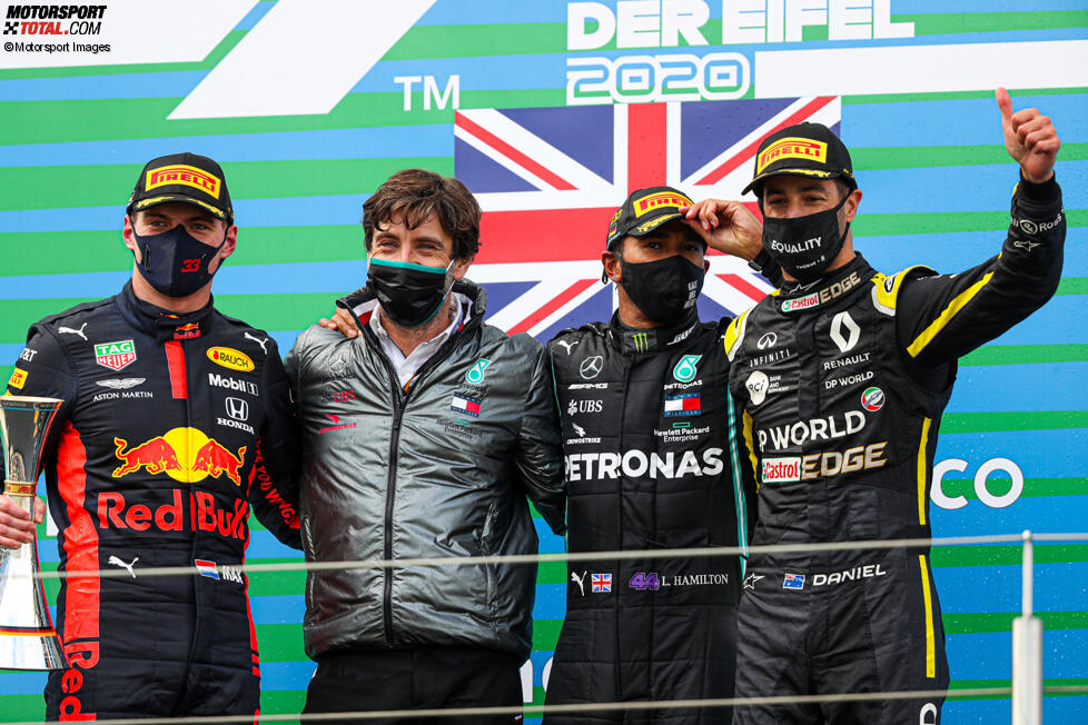 Lewis Hamilton (Mercedes), Max Verstappen (Red Bull) und Daniel Ricciardo (Renault) 