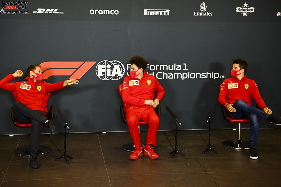 Sebastian Vettel (Ferrari), Mattia Binotto und Charles Leclerc (Ferrari) 