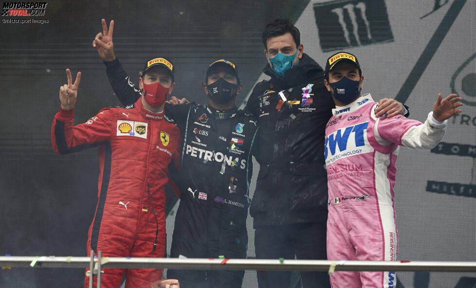 Sebastian Vettel (Ferrari), Lewis Hamilton (Mercedes), Toto Wolff und Sergio Perez (Racing Point) 