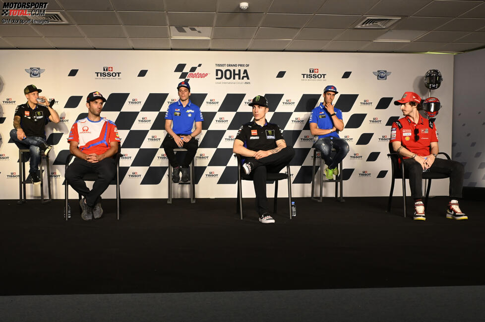 Fabio Quartararo (Yamaha), Johann Zarco (Pramac), Joan Mir (Suzuki), Maverick Vinales (Yamaha), Alex Rins (Suzuki) und Francesco Bagnaia (Ducati) 