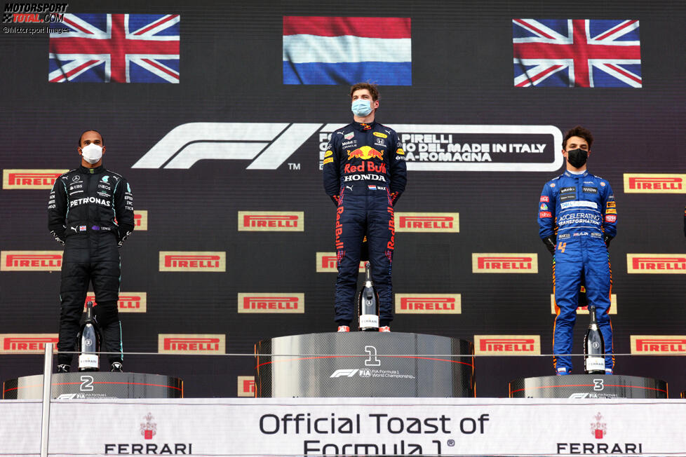 Lewis Hamilton (Mercedes), Max Verstappen (Red Bull) und Lando Norris (McLaren) 