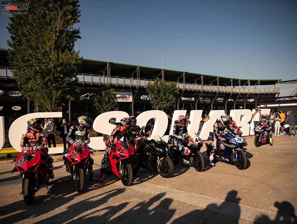 Michael Ruben Rinaldi, Chaz Davies, Scott Redding, Jonathan Rea, Lucas Mahias, Garrett Gerloff und Andrea Locatelli