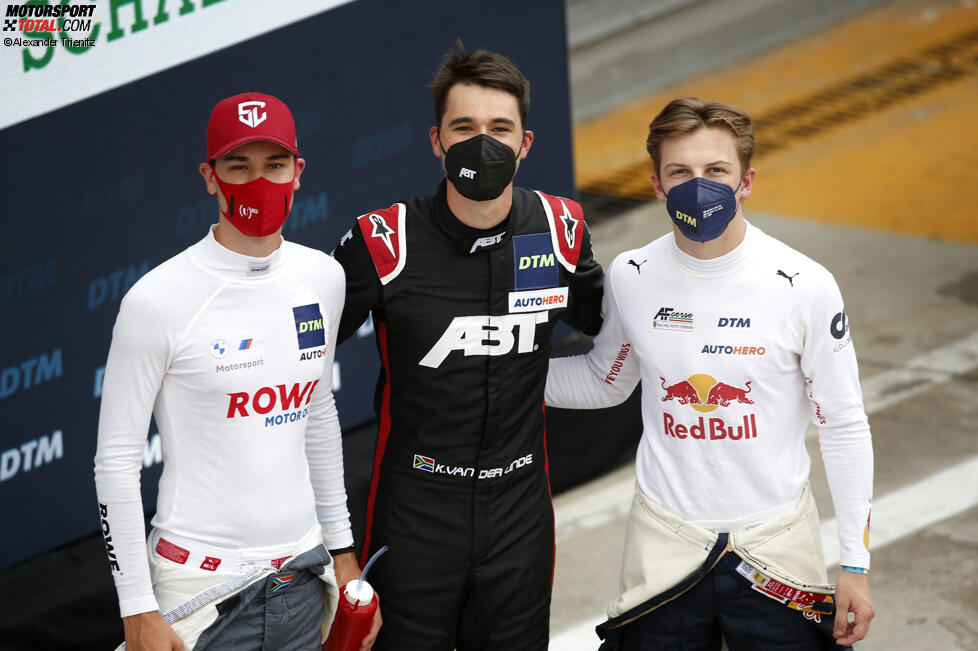 Kelvin van der Linde (Abt-Audi), Sheldon van der Linde (Rowe-BMW) und Liam Lawson (AF-Corse-Ferrari) 