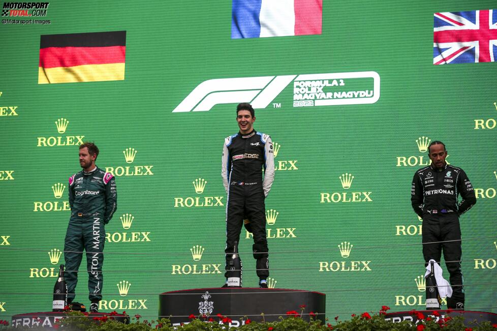 Sebastian Vettel (Aston Martin), Esteban Ocon (Alpine) und Lewis Hamilton (Mercedes) 