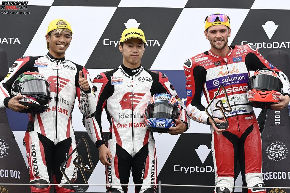 Ai Ogura (Honda Team Asia), Somkiat Chantra (Honda Team Asia) und Jake Dixon (Aspar) 