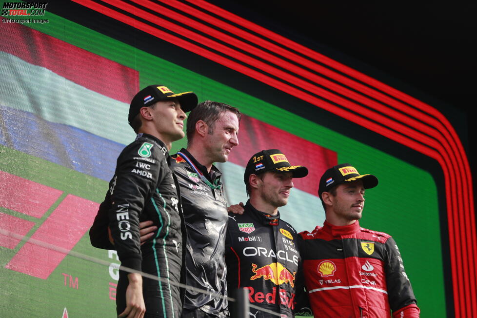 George Russell (Mercedes), Max Verstappen (Red Bull) und Charles Leclerc (Ferrari) 