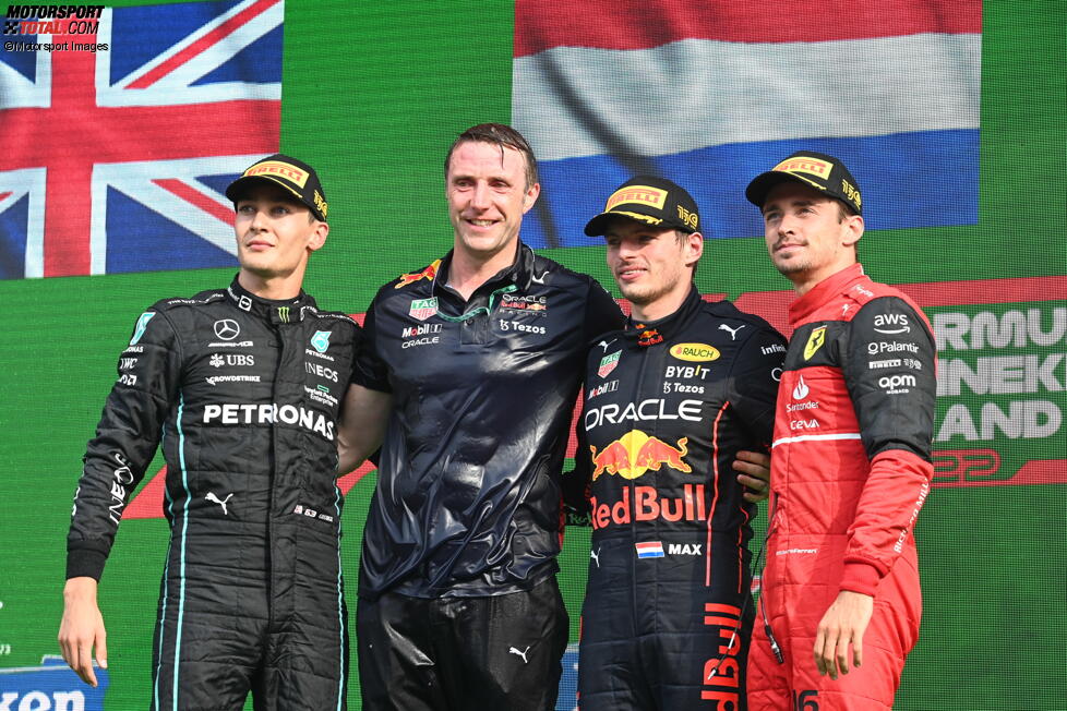 George Russell (Mercedes), Max Verstappen (Red Bull) und Charles Leclerc (Ferrari) 