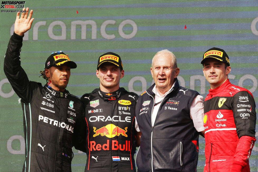 Lewis Hamilton (Mercedes), Max Verstappen (Red Bull), Helmut Marko und Charles Leclerc (Ferrari) 