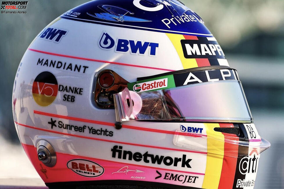 Helm-Hommage von Fernando Alonso (Alpine) für Sebastian Vettel (Aston Martin)