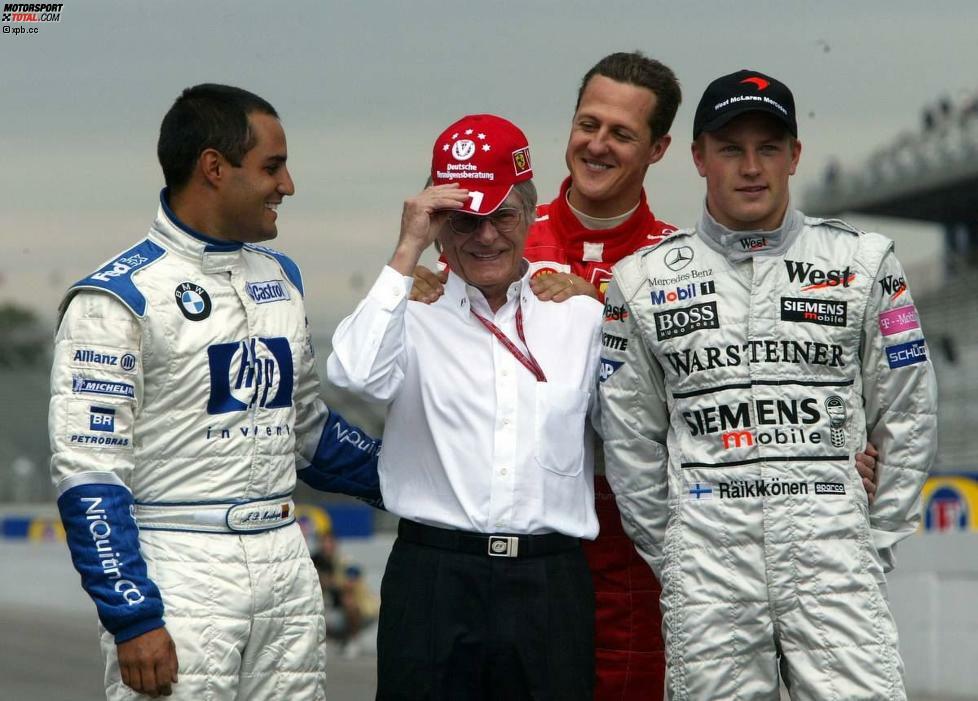 Mit den drei WM-Anwärtern des Jahres 2003 in Indianapolis: Juan Pablo Montoya, Michael Schumacher und Kimi Räikkönen.