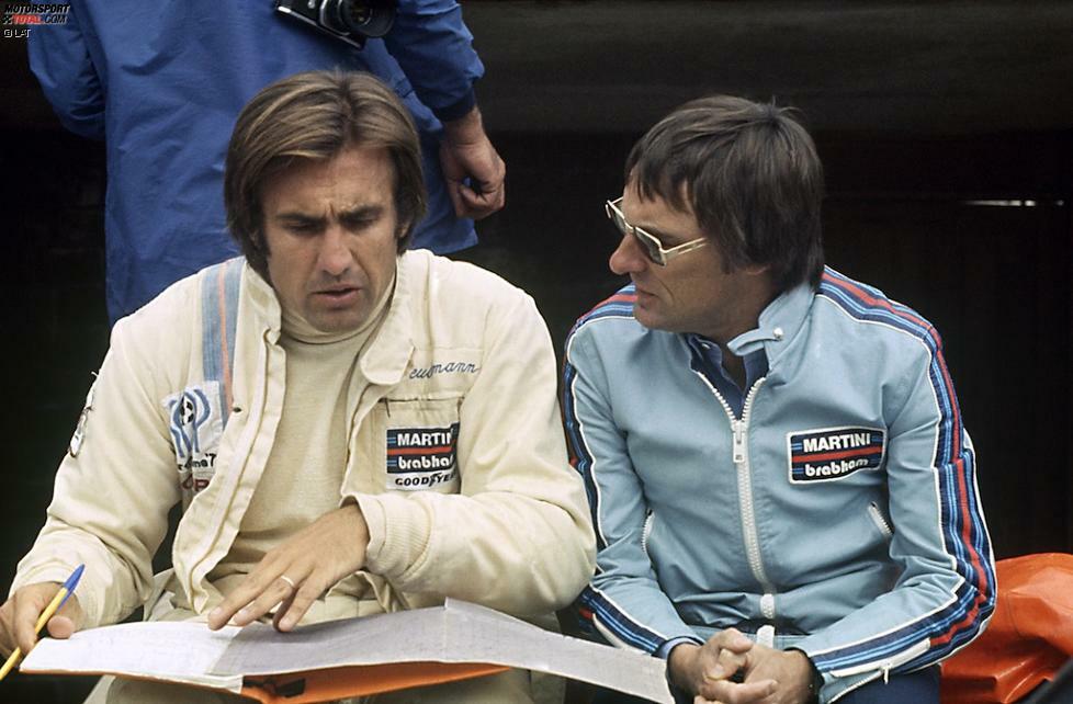 1971 kaufte Ecclestone das Brabham-Team von Ron Tauranac (hier zu sehen mit Carlos Pace). Kaufpreis: 100.000 Pfund. 1981 und 1983 feiert der Rennstall mit Nelson Piquet am Steuer zwei WM-Titel, den letzten davon mit BMW-Turbomotoren. 1987 verkaufte er Brabham für fünf Millionen Dollar an den Schweizer Joachim Lüthi.