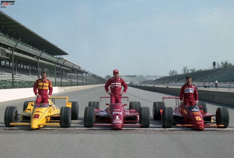 Die erste Startreihe beim Indy 500 im Jahr 1987: Rick Mears, Bobby Rahal und innen Polesitter Mario Andretti. Mears und Andretti setzten damals auf Chevy/Ilmor-Power.