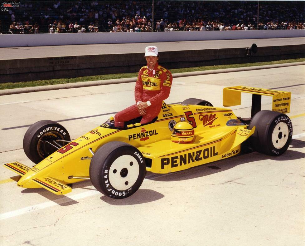1988 dominierten die Penske-Chevys das Indy 500. Hier Rick Mears nach seiner Pole-Position, die erste Startreihe waren drei Penske-Chevys. 