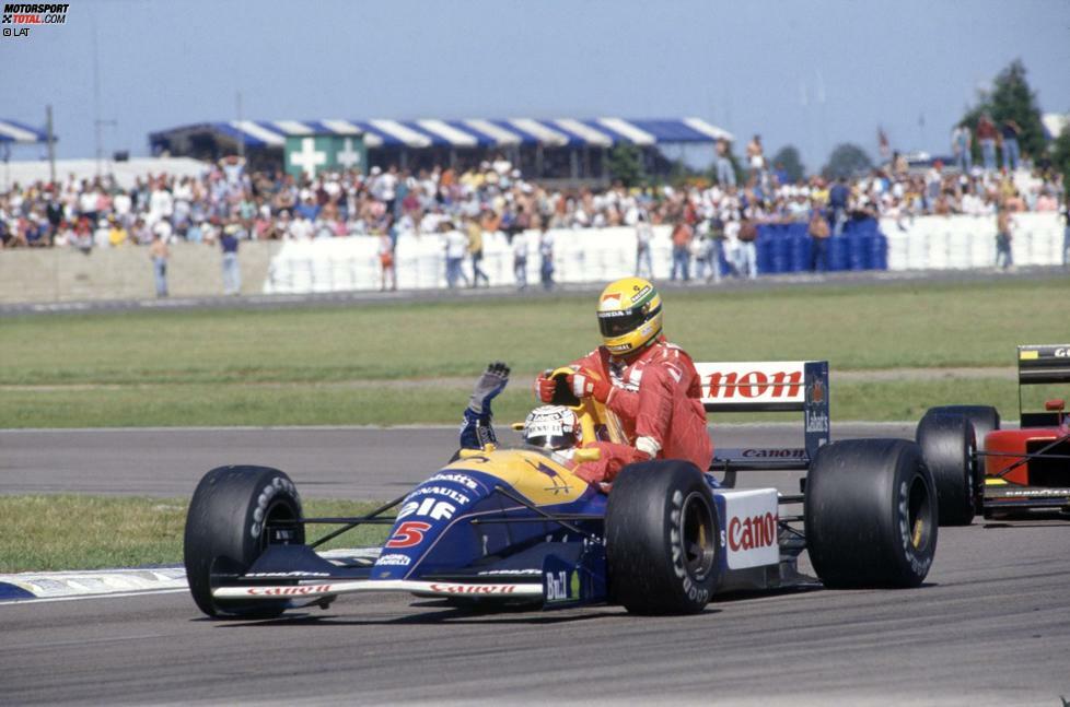 Eine Szene für die Ewigkeit: Nigel Mansell nimmt seinen Rivalen Senna 1991 in Silverstone auf seinem Auto mit. Trotzdem feiert Senna am Ende der Saison seine dritte und letzte Weltmeisterschaft - klar vor dem Briten.