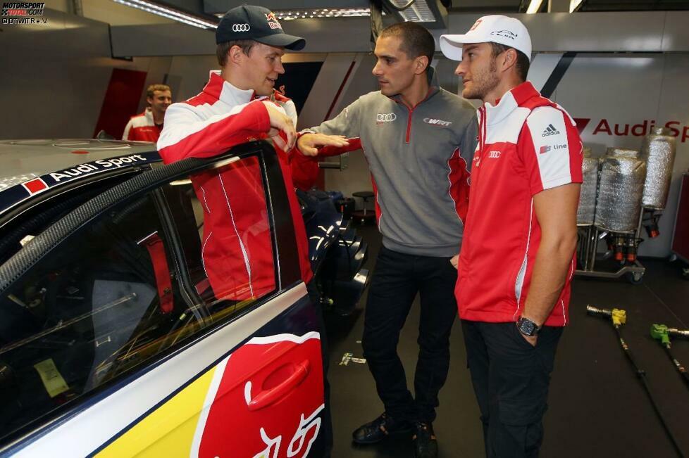 Motorsportliche Fachsimpeleien in einer anderen Box. Mattias Ekström und Timo Scheider  bekamen Besuch von Greg Franchi, mit dem sie gemeinsam im Audi R8 beim 24-Stunden-Rennen in Spa-Francorchamps gesiegt hatten.