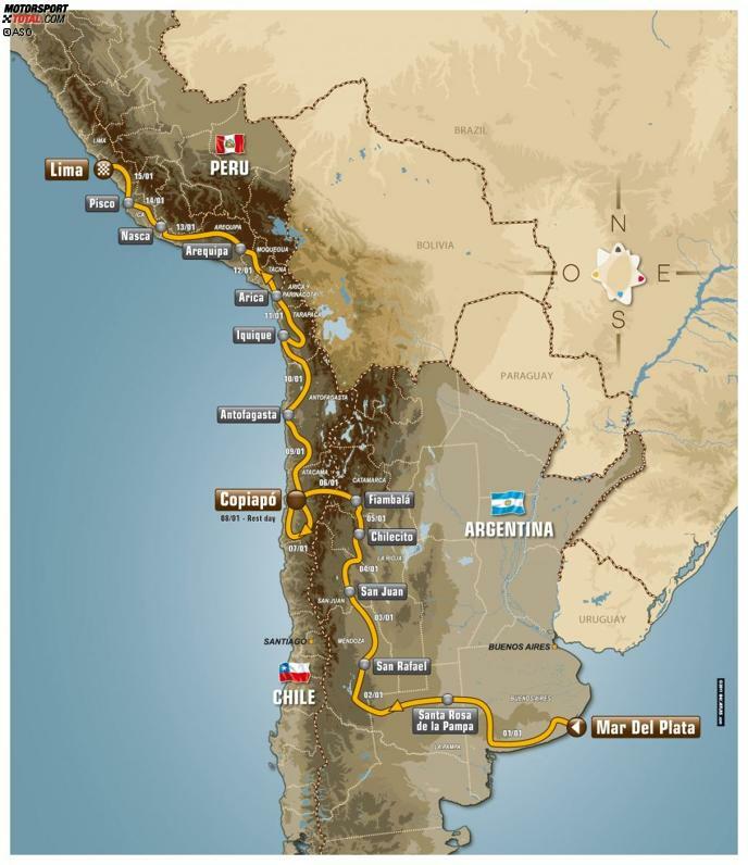 Die Rallye Dakar wird in ihrer vierten Südamerika-Auflage ihr Gesicht verändern. Zwischen dem argentinischen Mar del Plata und Lima liegen an den 14 Rallyetagen 8.377 Kilometer und 14 Prüfungen mit einem Streckenanteil von 4.161 Kilometer.