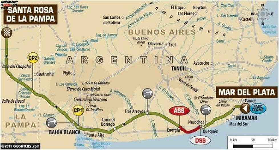 01. Januar: Mar Del Plata - Santa Rosa de la Pampa
856 Gesamtkilometer, 60 Kilometer Wertungsprüfung
Im Badeort Mar del Plata startet die Dakar 2012. Am letzten Tag des Jahres 2011 findet die Präsentation statt, am ersten Tag im neuen Jahr beginnt die Arbeit. Es ist eine kurze Warm-up-Wertungsprüfung, bei der die Dünen die erste Hürde darstellen.