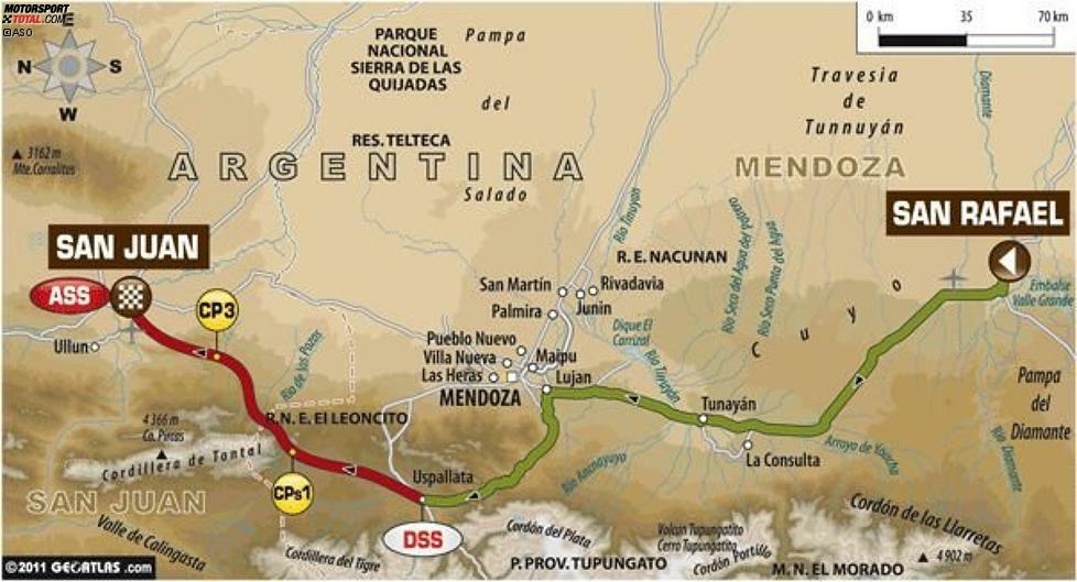 03. Januar: San Rafael - San Juan
563 Gesamtkilometer, 270 Kilometer Wertungsprüfung
Die Anden, die bei der Dakar 2012 immer präsent sind, nähern sich etwas. Aber die richtige Prüfung steht erst in ein paar Tagen bevor. Auf dem Weg nach San Juan wird das Feld mit Flussdurchquerungen sowie vielen Steinen und Schlaglöchern konfrontiert.