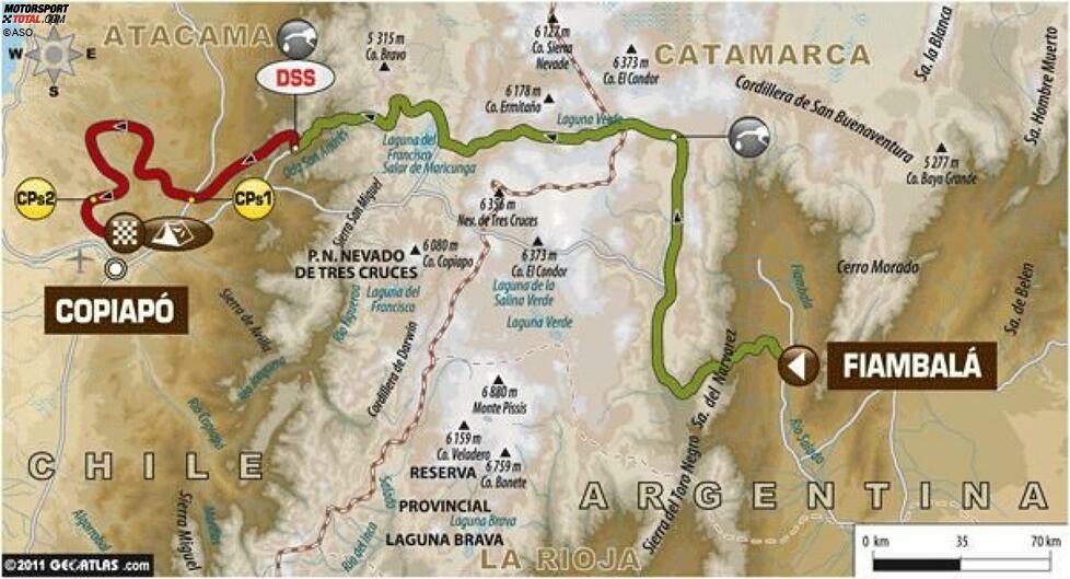 06. Januar: Fiambala - Copiapo
641 Gesamtkilometer, 247 Kilometer Wertungsprüfung
Der Sommer im Süden hat einige Überraschungen zu bieten. Manchmal sogar Minustemperaturen für die Fahrer, die die Steigung zum San-Francisco-Pass mitten in der Nacht zurücklegen müssen. Das Dach der Rallye ist erreicht, wenn sie die Grenze auf einer Höhe von mehr als 4.700 Metern passieren.
