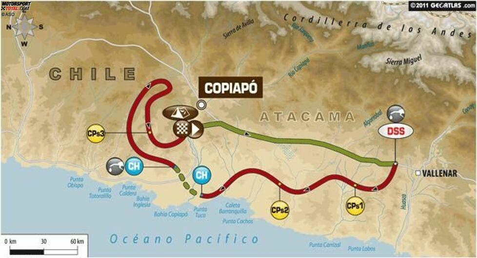 07. Januar Copiapo - Copiapo
598 Gesamtkilometer, 444 Kilometer Wertungsprüfung
Der Samstag wird die größte Herausforderung der Woche, obwohl der Beginn der Wertungsprüfung einfach erscheinen mag. Doch danach fordert die Anstrengung der zurückgelegten Kilometer seit dem Start in Mar del Plata ihren Tribut.