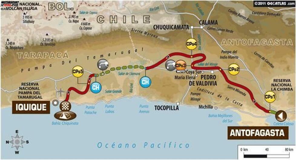 10. Januar: Antofagasta - Iquique
566 Gesamtkilometer, 557 Kilometer Wertungsprüfung
Eine zweiteilige Etappe zwischen Meer und Bergen hält die Teilnehmer in Richtung Norden auf Trab. Danach stehen zwei Sektionen mit abwechslungsreichen Landschaften auf dem Programm. Zwischen den beiden Sektionen wird das Feld neutralisiert.