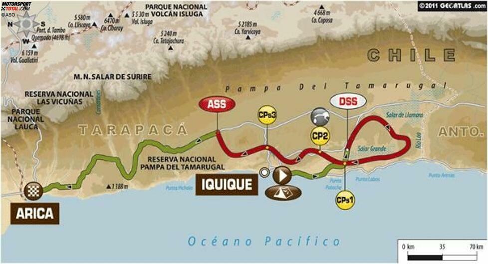 11. Januar: Iquique - Arica
694 Gesamtkilometer, 377 Kilometer Wertungsprüfung
Diese Etappe beginnt spektakulär. Sie bietet für mehrere Kilometer unglaubliche Aussichten. Erfahrene Piloten werden mit ihren Fahrzeugen auf den Dünen surfen, die sich über mehrere hundert Kilometer erstrecken.