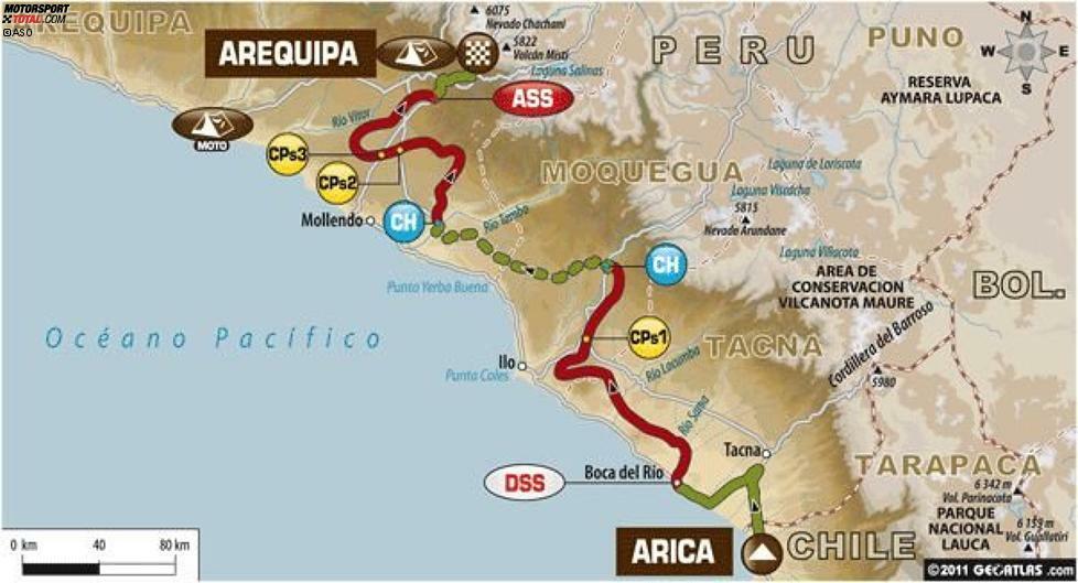 12. Januar: Arica - Arequipa
709 Gesamtkilometer, 538 Kilometer Wertungsprüfung
Am ersten Tag der Dakar in Peru wird für die Motorradfahrer eine spezielle Hürde vorbereitet. Nach einem Tag mit Sektionen neben der Strecke und Gebieten mit Flüssen wird ein Biwak nur für Motorradfahrer aufgebaut.