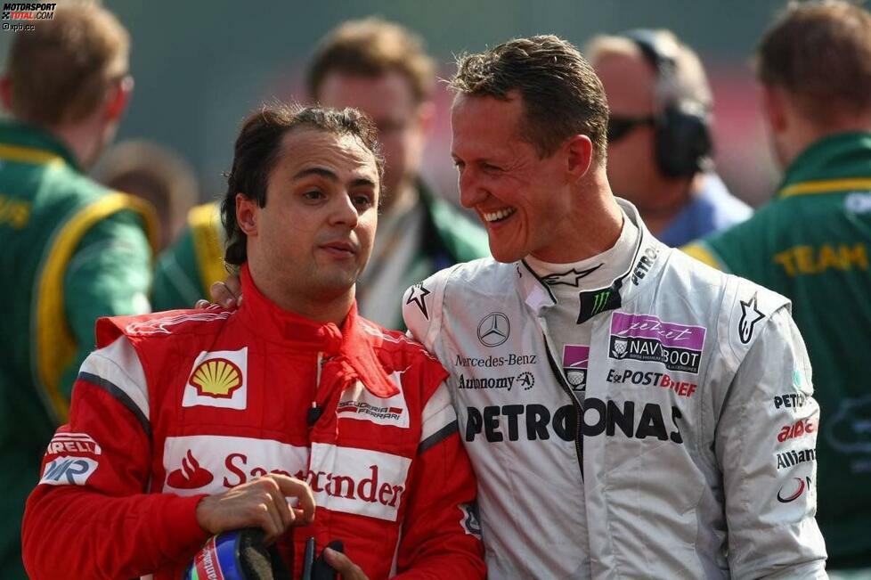 Gemeinsame Ferrari-Vergangenheit, unterschiedliche Rennerlebnisse: Felipe Massa (Platz 6) und Michael Schumacher (Platz 5). Deutlich zu erkennen, wem das Rennen in Italien mehr Spaß gemacht hat.
