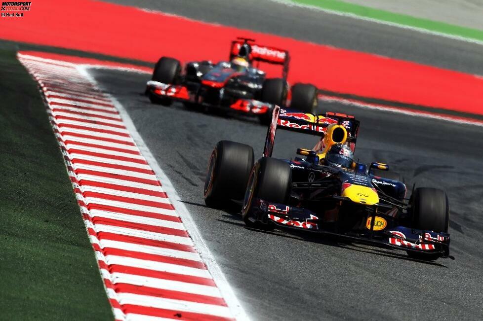 22. Mai, Großer Preis von Spanien:

Vettel wird zum ersten Mal im Qualifying geschlagen, Barcelona-Spezialist Webber ist schneller. Im Rennen schlägt Vettel zurück, muss sich den Sieg aber in der Schlussphase gegen den eigentlich schnelleren Hamilton hart erkämpfen. Umso größer seine Freude, die er mit einem lauten 