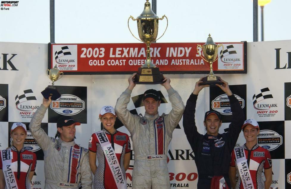 Zum Saisonende 2003 glückt Hunter-Reay in Surfers Paradise ein echter Coup: Der Rookie gewinnt an der australischen Goldküste vor Darren Manning (rechts) und seinem erfahrenen Teamkollegen Jimmy Vasser