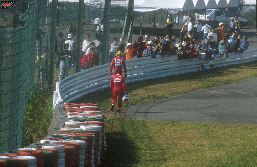 1990: In einem Racheakt für 1989 schießt Ayrton Senna den inzwischen zu Ferrari gewechselten Alain Prost in Suzuka (Japan) mutwillig ab und wird damit zum zweiten Mal Weltmeister.