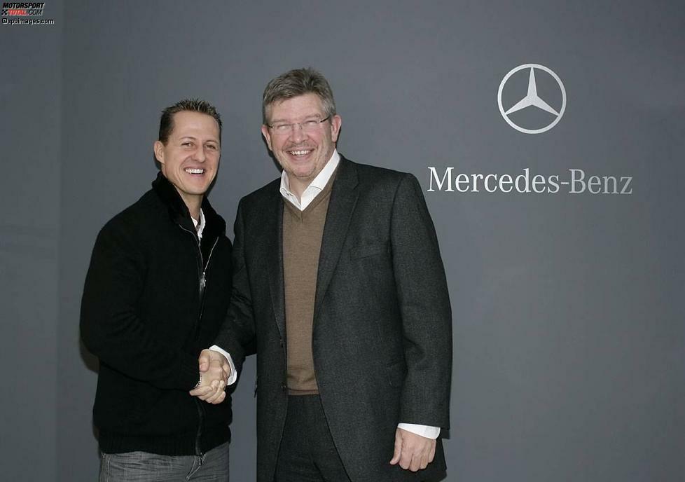Dort trifft er mit Ross Brawn einen alten Bekannten wieder. Schumacher hat 88 seiner 91 Formel-1-Rennen unter der Führung des Briten gewonnen. Nur 1996 gelangen ihm auf Ferrari drei Erfolge ohne Brawn im Team.