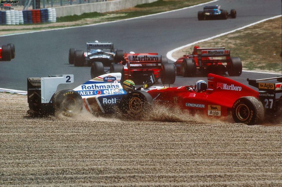 Vor Beginn der Saison 1994 war Schumacher der aufkommende Shooting-Star und Ayrton Senna nach dem Wechsel zum erfolgreichen Williams-Team der logische WM-Favorit - und alles freute sich schon auf das große Duell der beiden, zumal der (damals noch) kleine Schumacher dem großen Senna schon vorher unliebsam aufgefallen war. Aber Senna schied beim Saisonauftakt in Sao Paulo an zweiter Stelle liegend wegen eines Drehers aus. Beim zweiten Rennen im japanischen Aida (Bild) wurde er Opfer einer Startkollision.