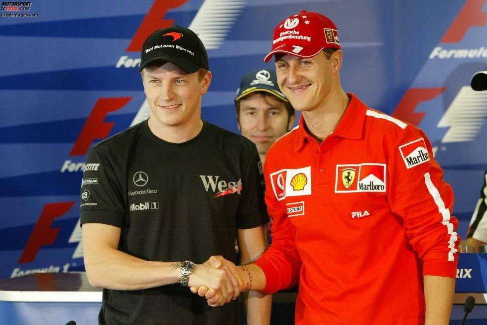 Wieder ein Finne, wieder McLaren-Mercedes: Beim WM-Finale in Suzuka 2003 reichte Schumacher ein achter Platz, um zwei Punkte vor Kimi Räikkönen Weltmeister zu werden. Das verbale Ballyhoo zwischen dem Ferrari-Superstar und dem aufstrebenden 