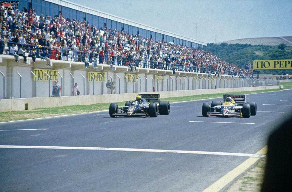Jerez de la Frontera 1986: In einer der knappsten Entscheidungen der Grand-Prix-Geschichte gewinnt Senna auf Lotus 14 Tausendstelsekunden vor Nigel Mansell auf Williams.