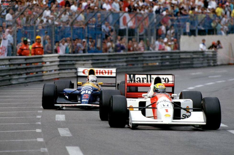 Elektrisierendes Herzschlagfinale in Monte Carlo 1992: Mansell, überlegen in Führung liegend, erleidet einen Reifenschaden und kommt hinter Sennas McLaren wieder auf die Strecke zurück. Doch im engen Kurvendschungel des kleinen Fürstentums findet er trotz des überlegenen Autos keinen Weg am weiß-roten McLaren vorbei - und erleidet seine erste Saisonniederlage.