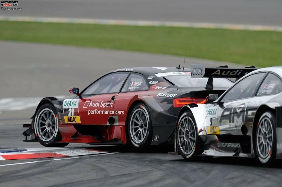 Leichte Schläge auf das Hinterteil verbessern das Fahrerlebnis: Jamie Green meinte es mit Edoardo Mortara am Laustitzring doch wirklich nur gut.