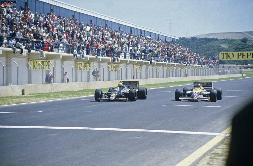 Nigel Mansell muss sich in Jerez de la Frontera 1986 nur Ayrton Senna geschlagen geben. Bei einem der knappsten Zieleinläufe der Formel-1-Geschichte fehlen dem Williams-Fahrer nur 14 Tausendstelsekunden auf den Sieg.