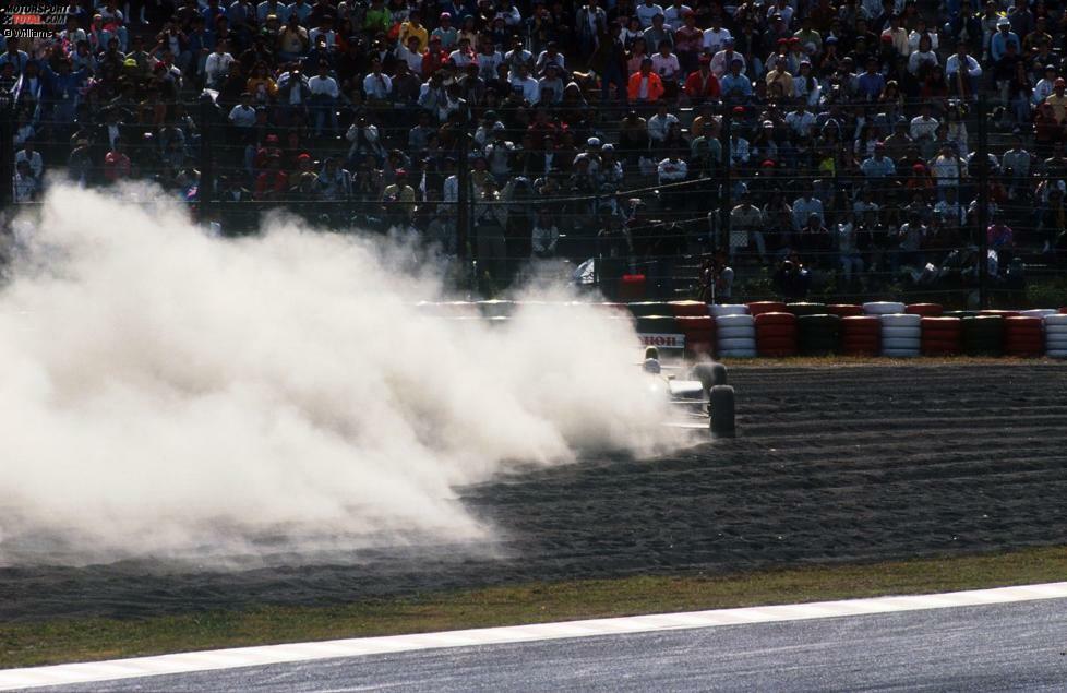 1991: Der Williams-Renault FW14 ist ab Saisonmitte das schnellste Auto, aber Nigel Mansell scheitert am überragenden Ayrton Senna auf McLaren. Seine letzten WM-Chancen verspielt er mit diesem Ausritt in Suzuka.