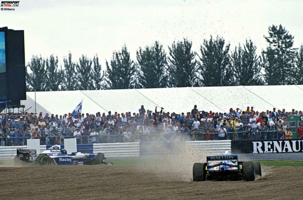 Das Duell zwischen Damon Hill und Michael Schumacher prägt die mittleren 1990er-Jahre. Hier die Kollision in Silverstone 1995. Schumacher/Benetton werden 1994 und 1995 Weltmeister, Hill scheint am Deutschen schon zu verzweifeln.