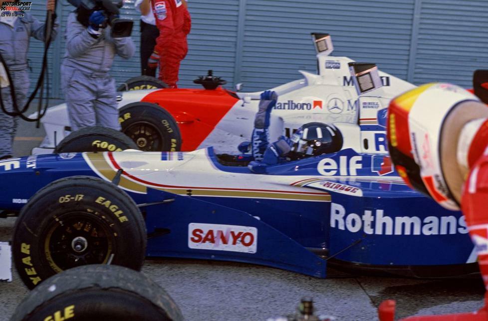 Zwei Jahre nach der unglücklichen Kollision mit Michael Schumacher in Adelaide ist Damon Hill endlich am Ziel: Weltmeister auf Williams beim Grand Prix von Japan in Suzuka.