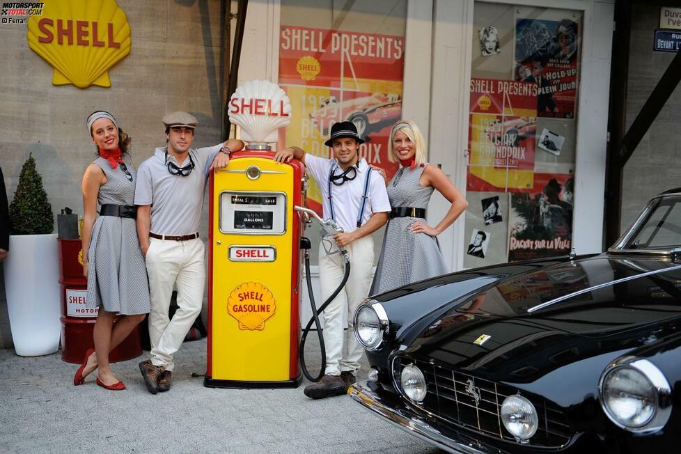 Für Ferrari-Partner Shell traten natürlich auch Felipe Massa und Fernando Alonso im schicken 50ies-Styling auf. Ein gelungener Abend also! Aber Shell sollte später am Wochenende noch ein wahres PR-Fiasko erleiden. Wer mehr darüber erfahren will, sollte sich bis zum Ende dieser Fotostrecke durchklicken.